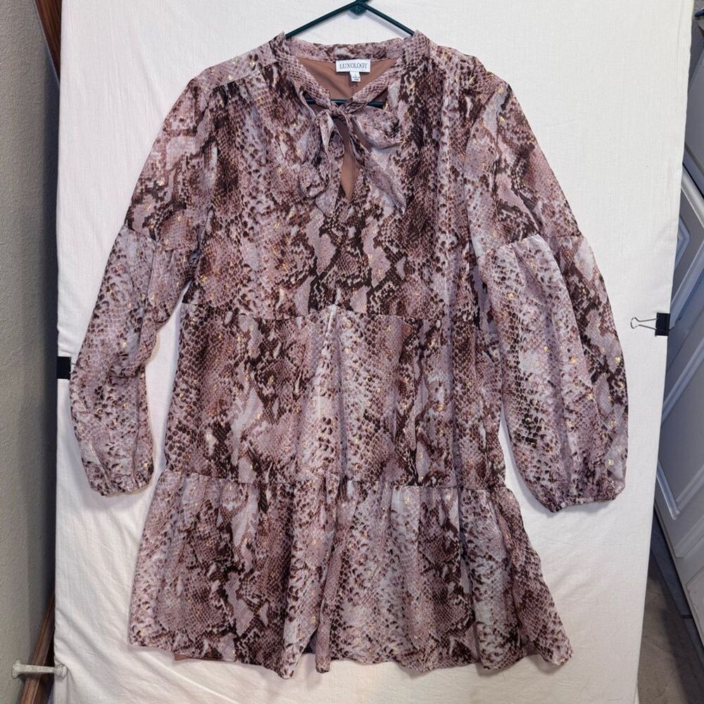 Luxology Women’s Size Large Snake Skin  Pattern Midi Dress W/Tie Front -NWT